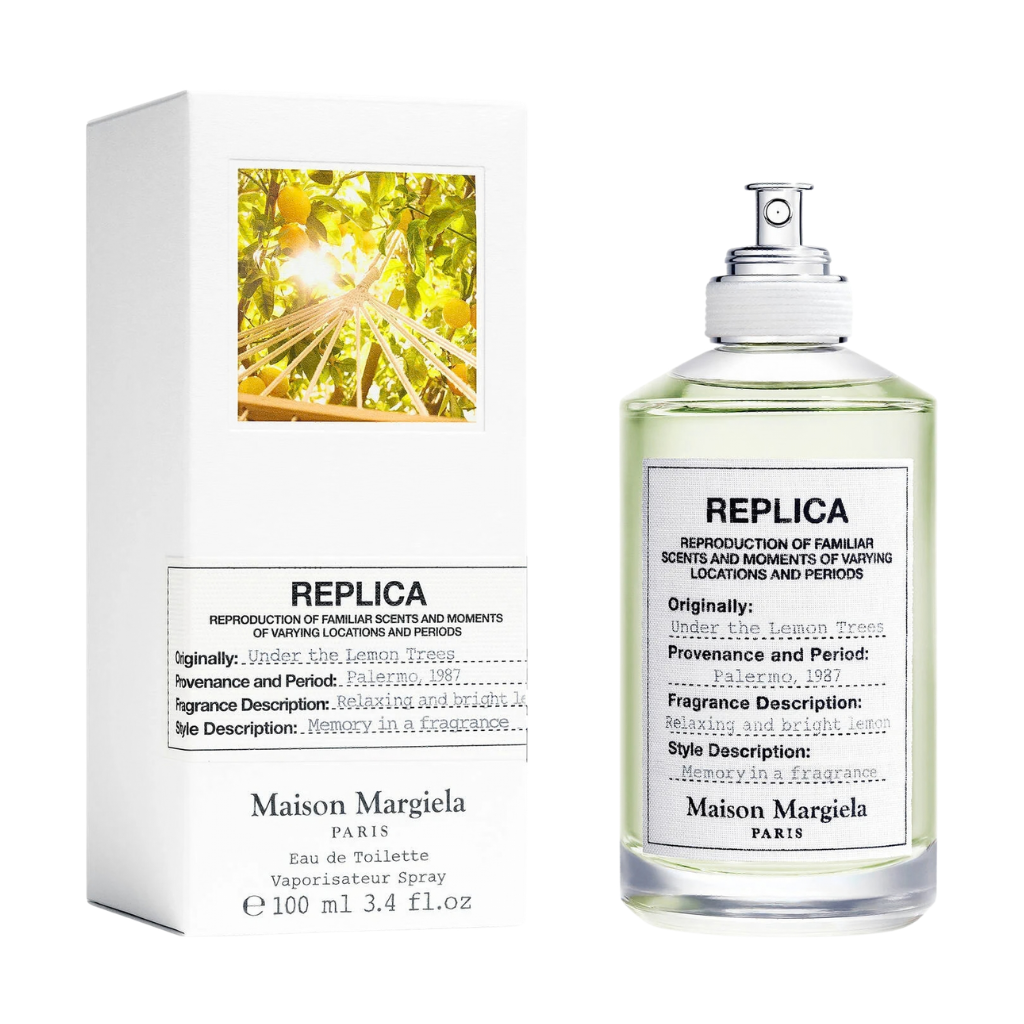 Replica Under The Lemon Trees EDT bottle and box with bright lemon tree imagery and fresh green fragrance liquid.