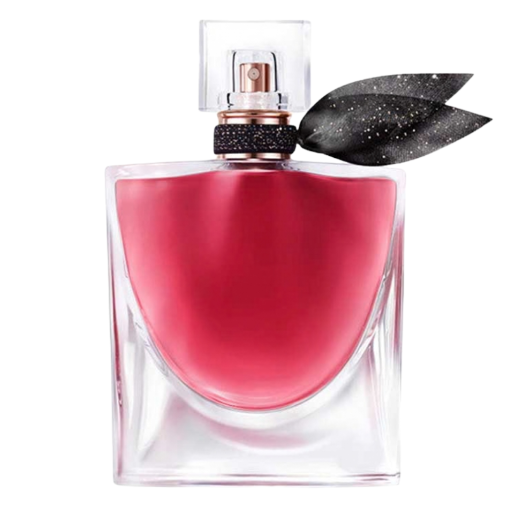 La Vie Est Belle L'Elixir EDP perfume bottle with deep pink liquid and decorative black glittery leaves on white background