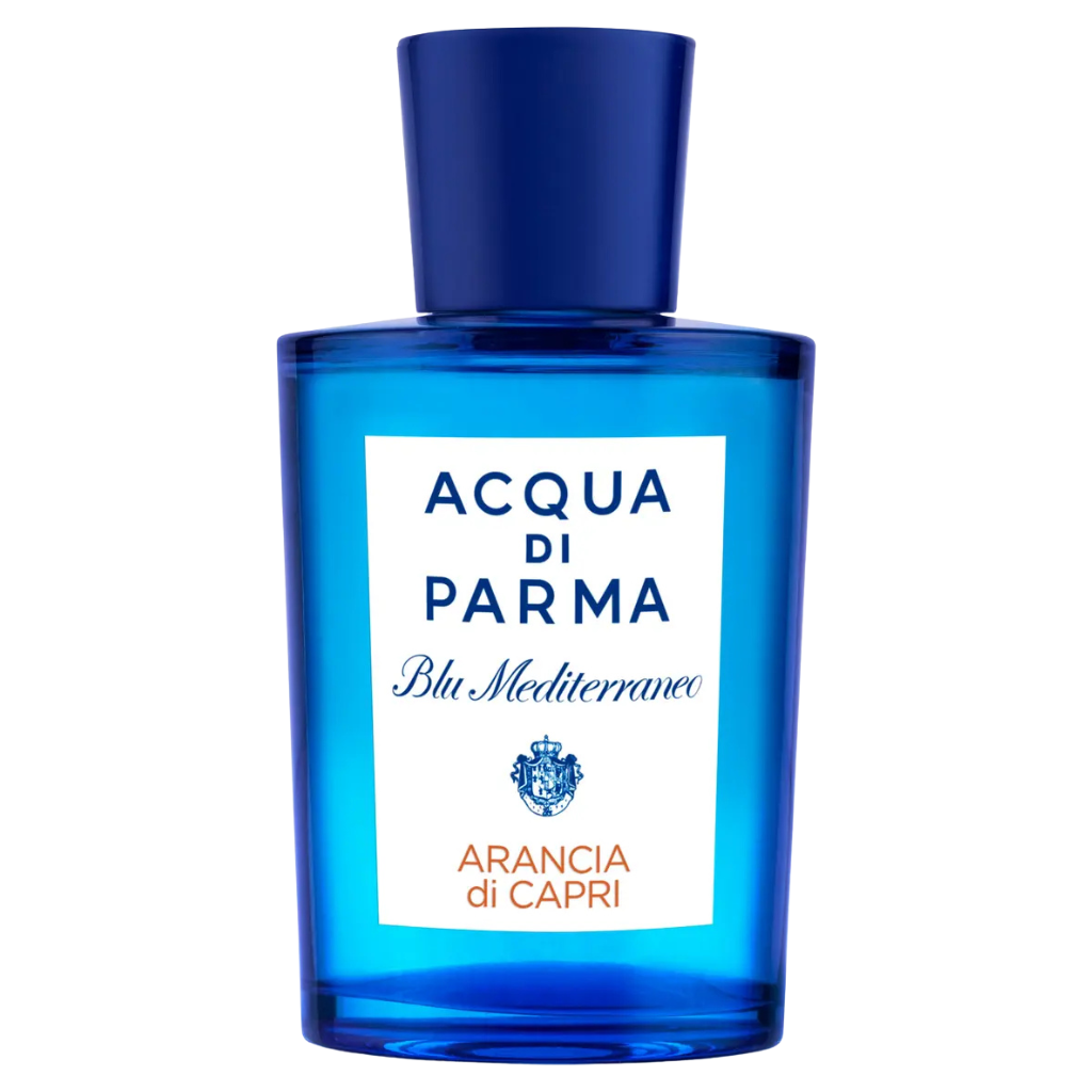 Blue bottle of Blu Mediterraneo Arancia Di Capri EDT with a dark blue cap and white label on a white background
