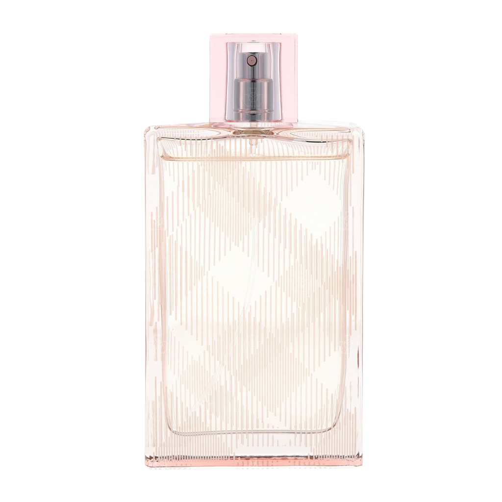 Transparent perfume bottle with a subtle plaid pattern and silver spray top, Brit Sheer EDT fragrance design.