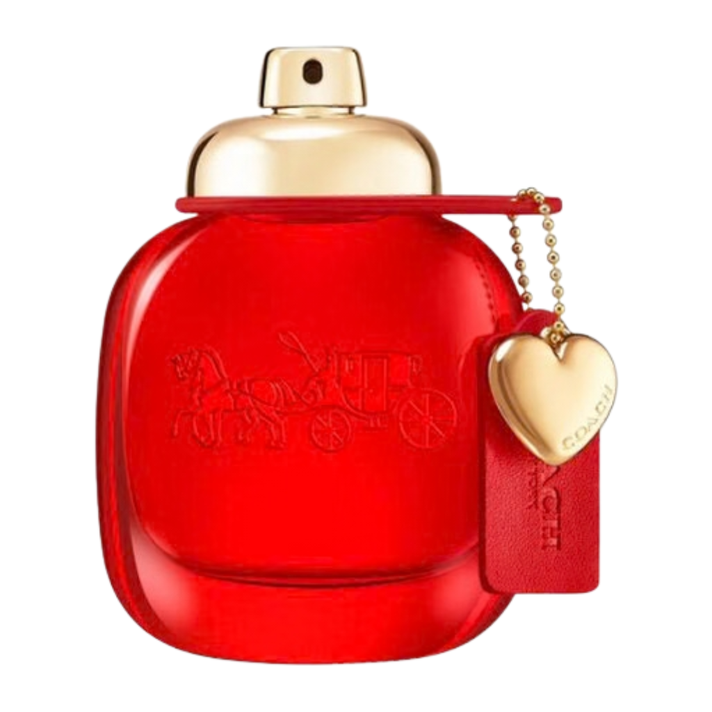 Red glass perfume bottle with gold cap and heart charm featuring Ladies Love EDP fragrance design