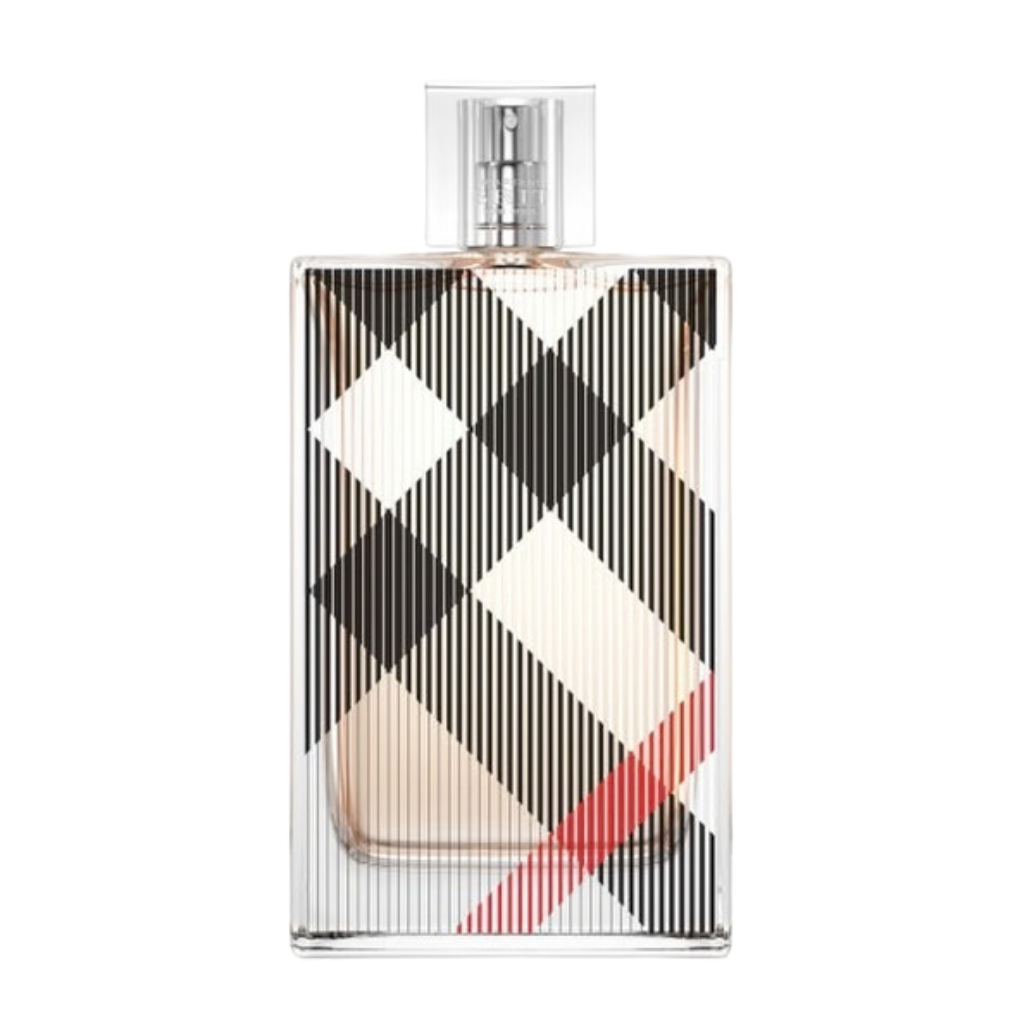Clear rectangular perfume bottle with plaid pattern and silver spray top, Brit For Her EDP fragrance.