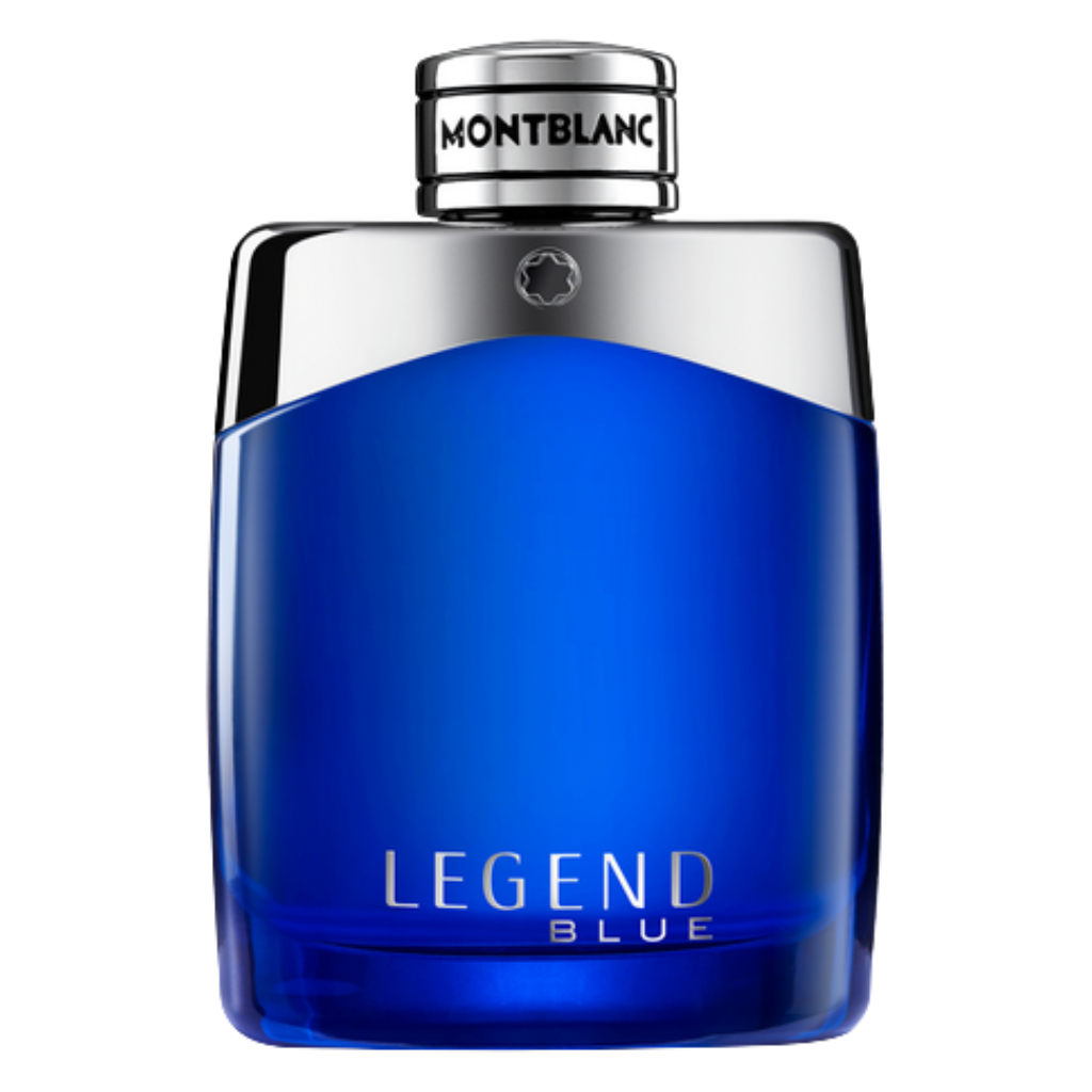 Montblanc Legend Blue EDP perfume bottle with deep blue glass and silver cap, elegant luxury fragrance design.