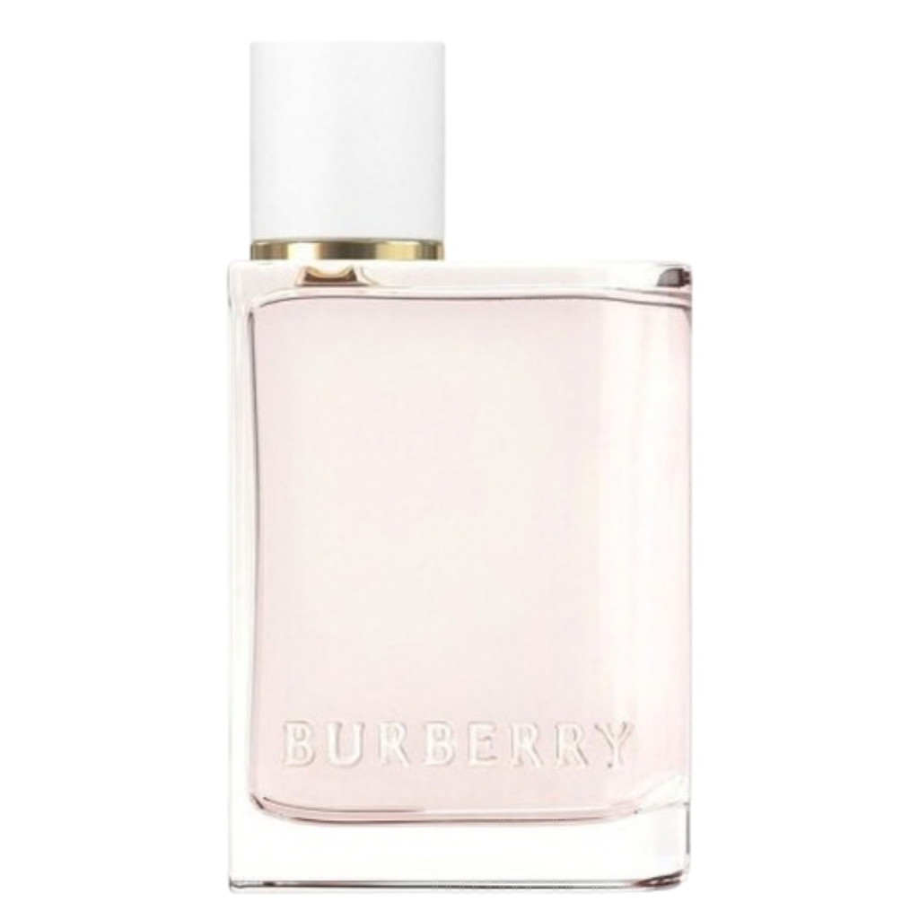Clear rectangular bottle with pale pink liquid labeled Her Blossom EDT fragrance spray