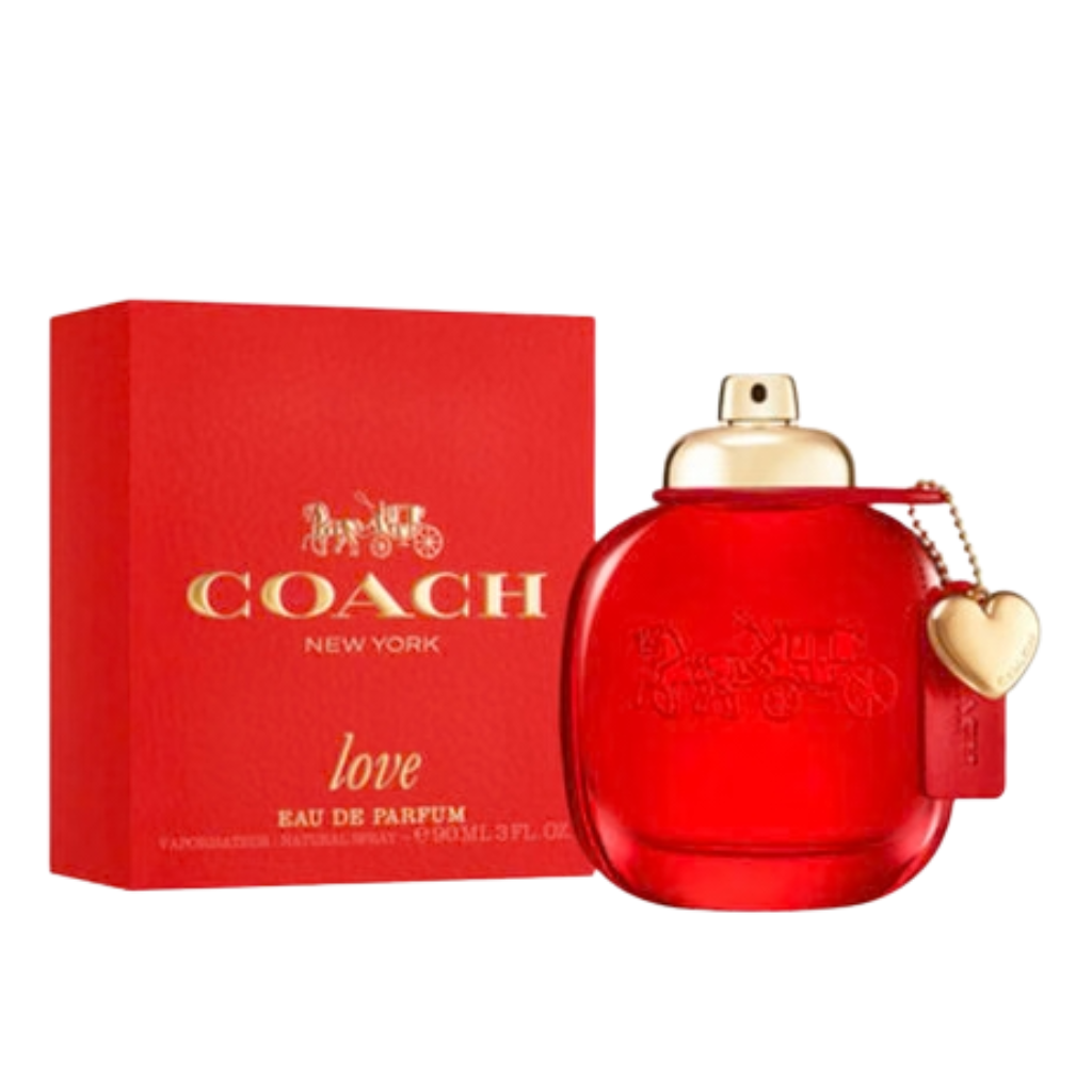Red Coach Love perfume bottle and packaging, shown for Ladies Love EDP fragrance decants and perfume samples.