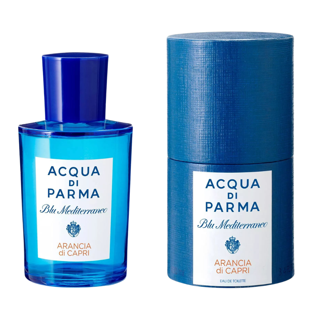 Blu Mediterraneo Arancia Di Capri EDT in blue bottle with matching cylindrical textured packaging box