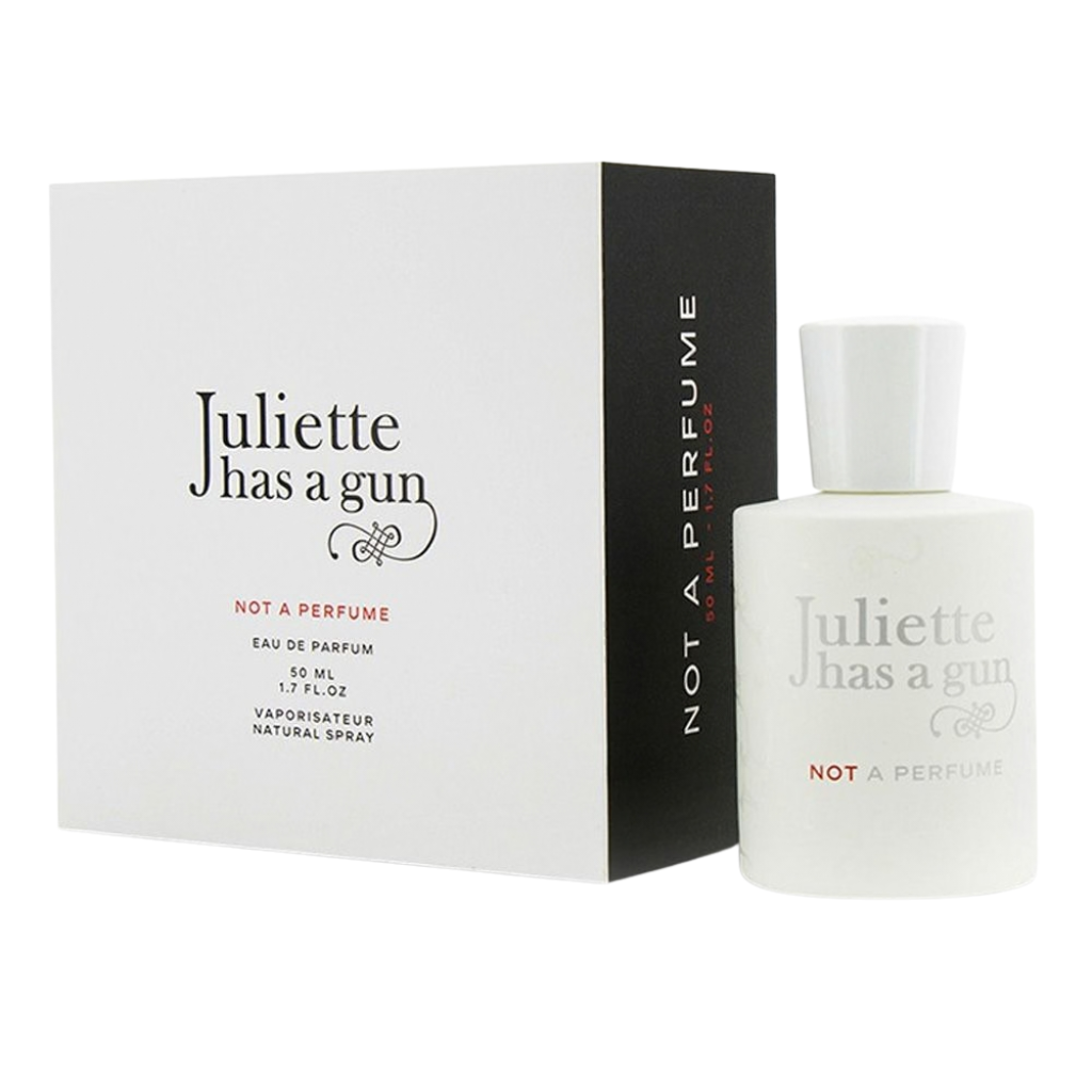 Bottle and box of Not A Perfume EDP by Juliette Has a Gun in minimalist white and black packaging