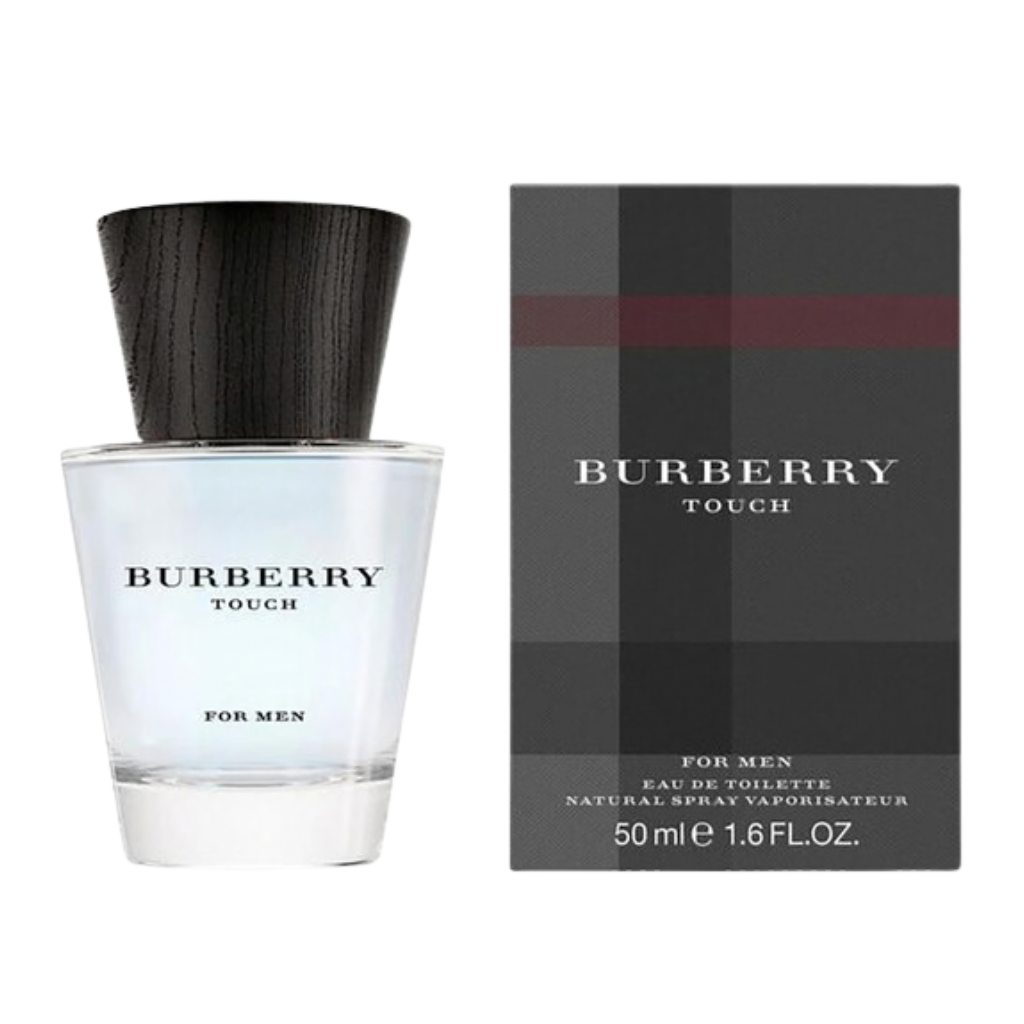 Burberry Touch For Men EDT bottle with black wooden cap next to its black and gray checkered box packaging