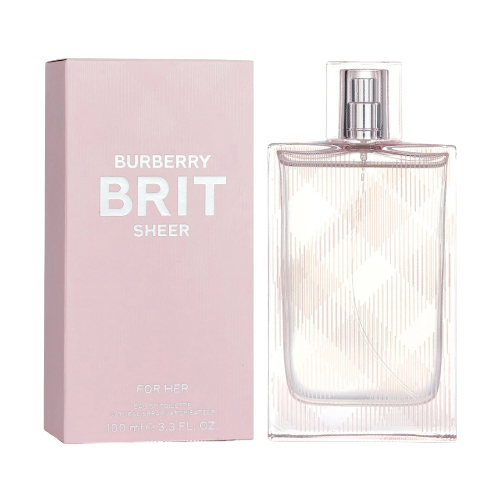 Brit Sheer EDT perfume bottle and soft pink packaging with subtle plaid design for women fragrance samples.