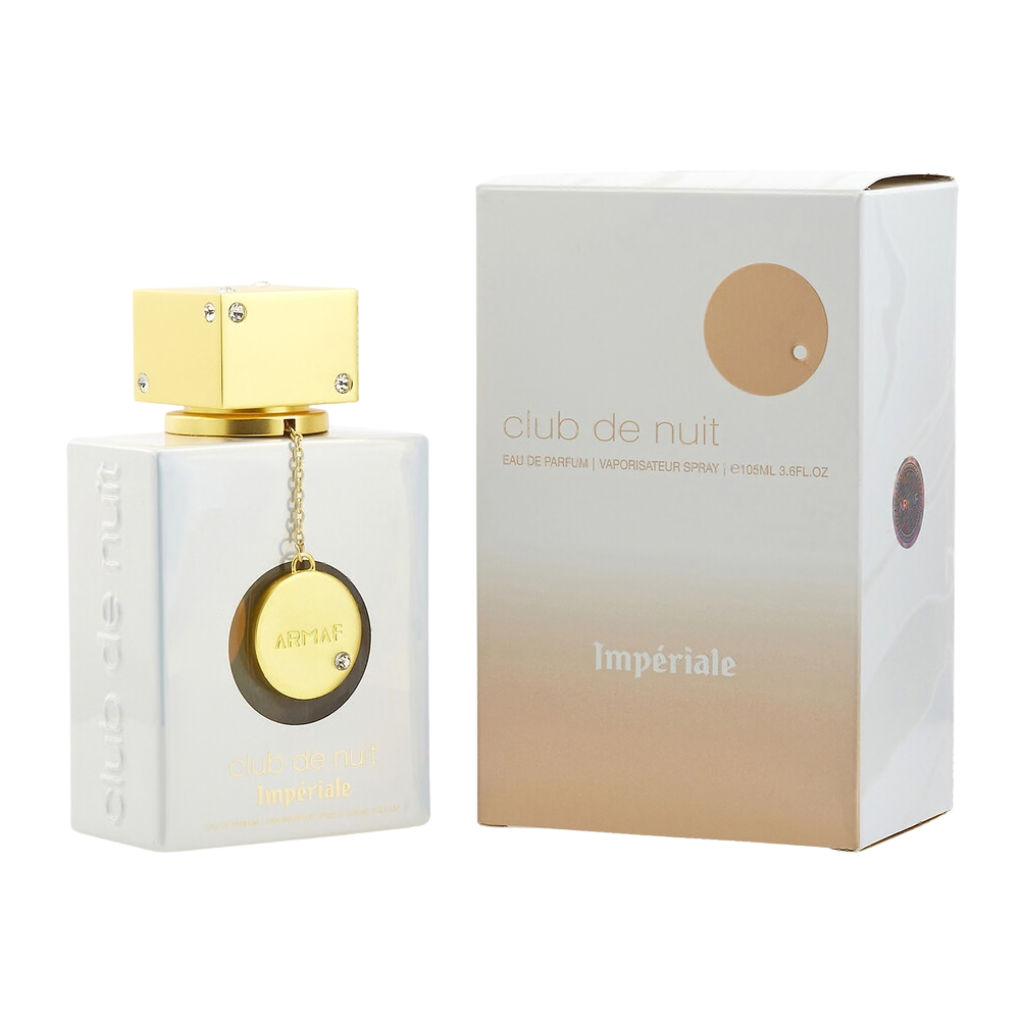 Club De Nuit White Imperiale EDP bottle with gold cap and pendant next to matching beige and white box packaging