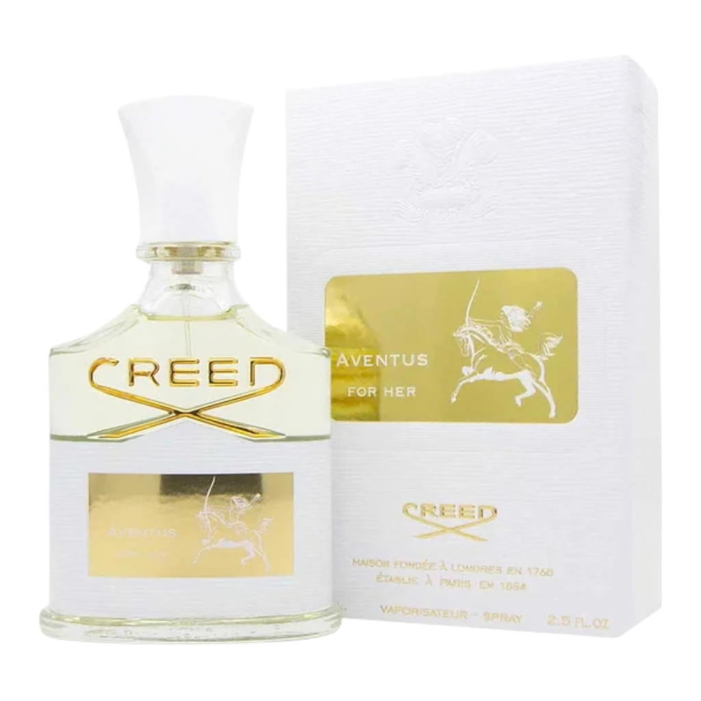 Aventus For Her EDP perfume bottle and white box with gold accents elegant designer fragrance packaging