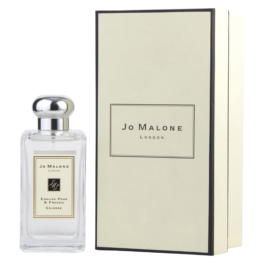 Clear glass bottle of English Pear & Freesia Cologne with silver cap and elegant Jo Malone London packaging box