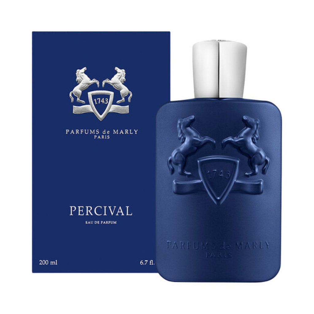 Blue perfume bottle and matching box with embossed horses and silver cap, labeled Percival Eau de Parfum