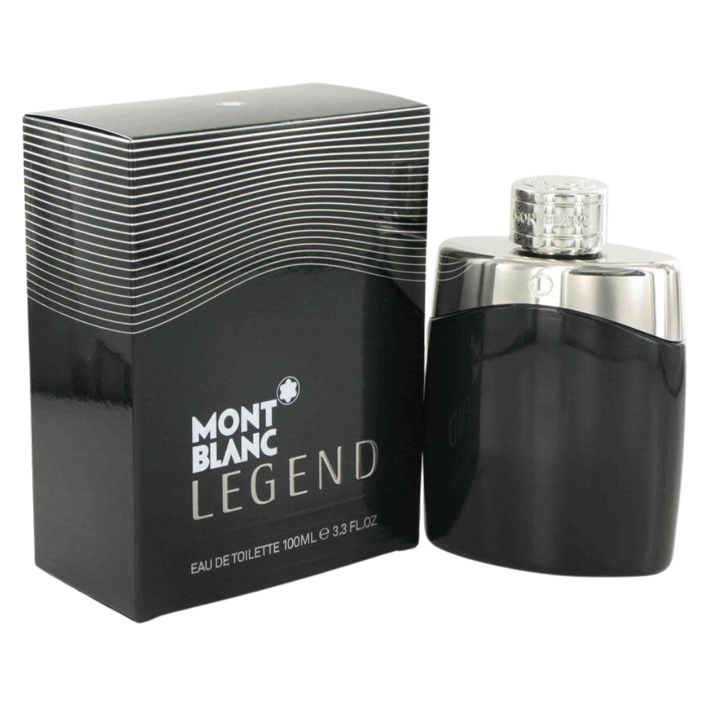 Mont Blanc Legend EDT bottle and box with sleek black and silver design showcasing luxury fragrance decants for men