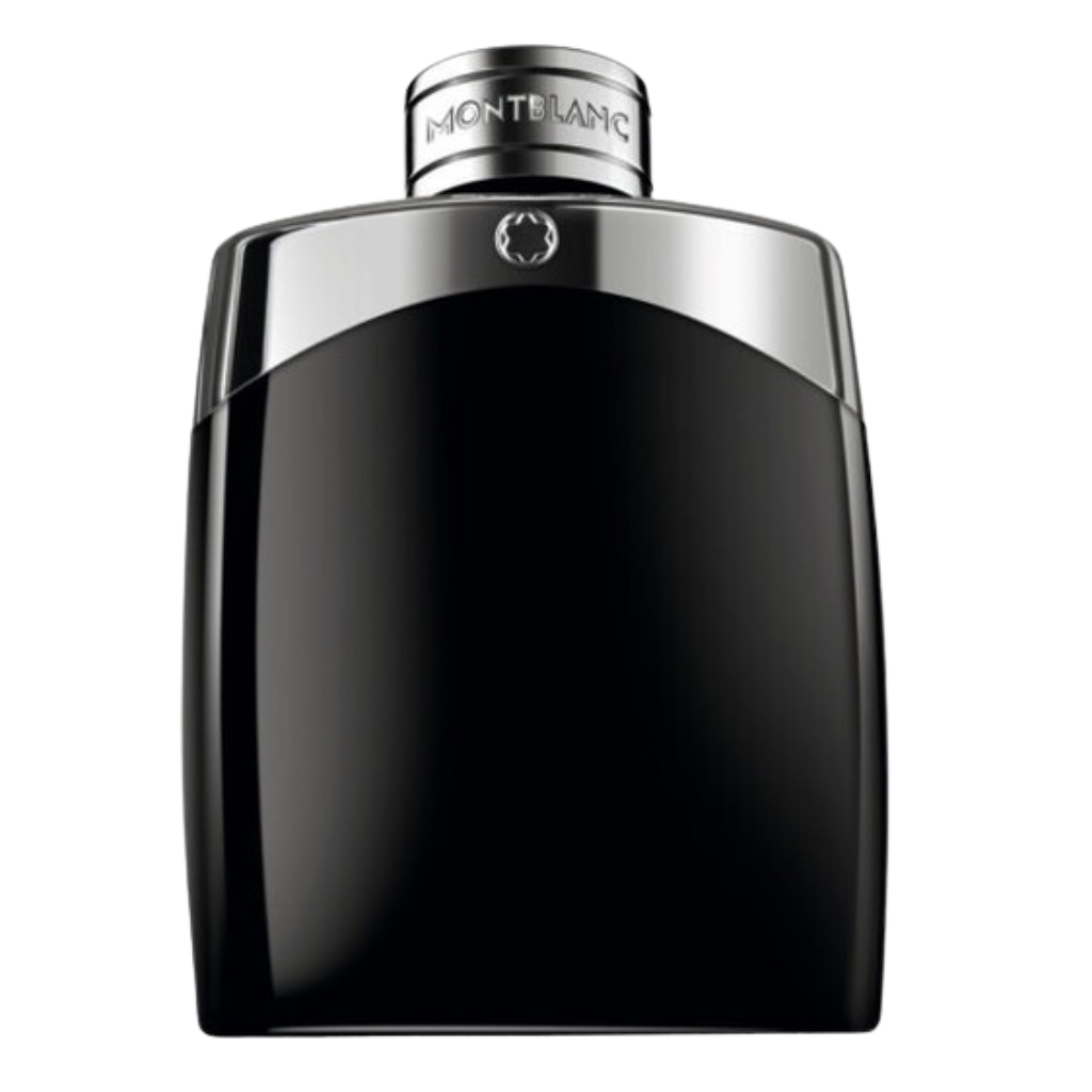 Black and silver sleek designer bottle of Legend EDT cologne with metallic cap and minimalist logo design