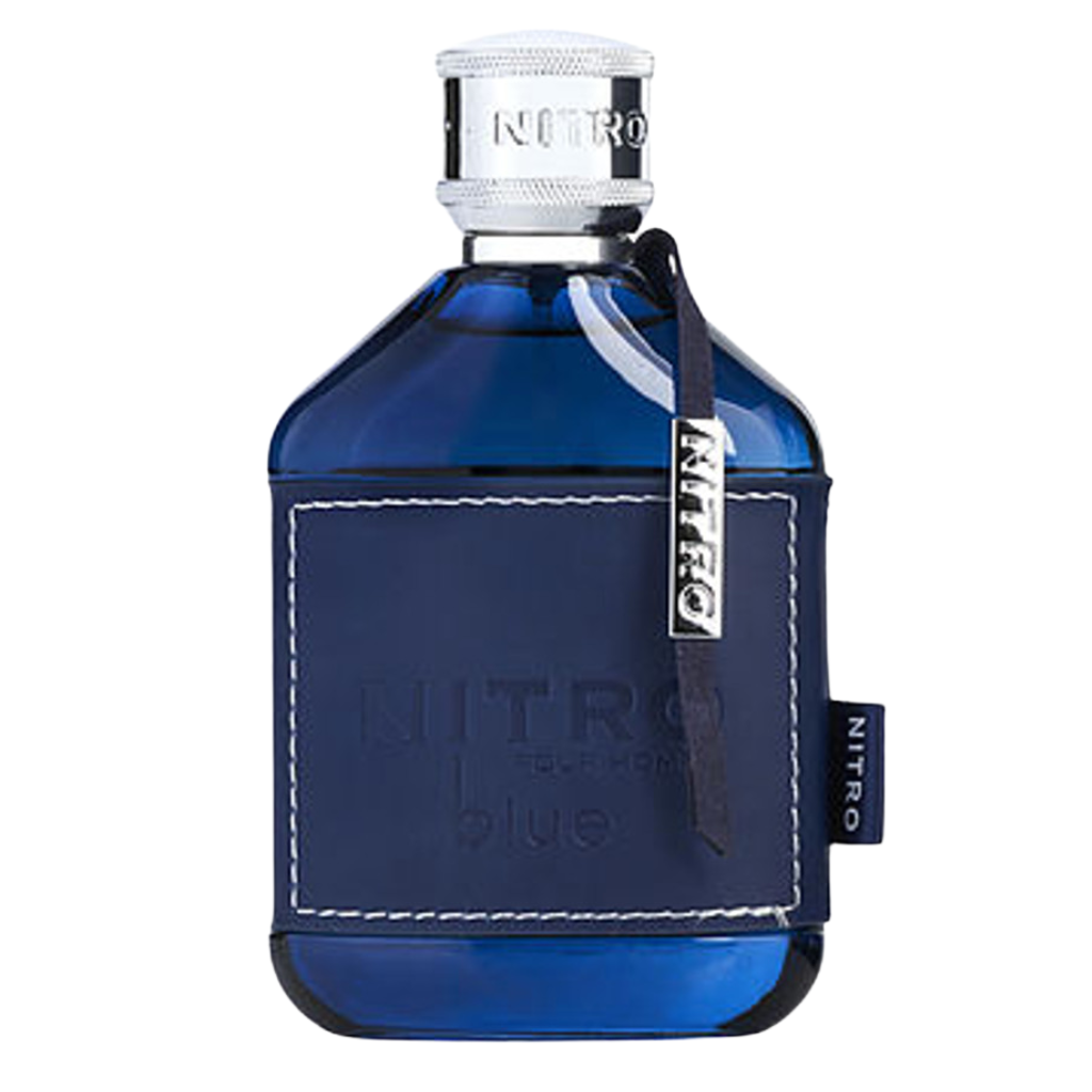 Elegant blue glass bottle of Nitro Blue EDP with stitched leather sleeve and silver-tone cap detail