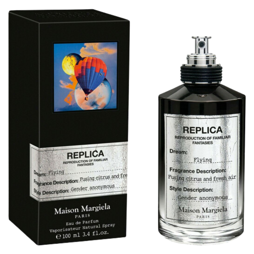 Replica Flying EDP perfume bottle with silver label and black box featuring a hot air balloon image