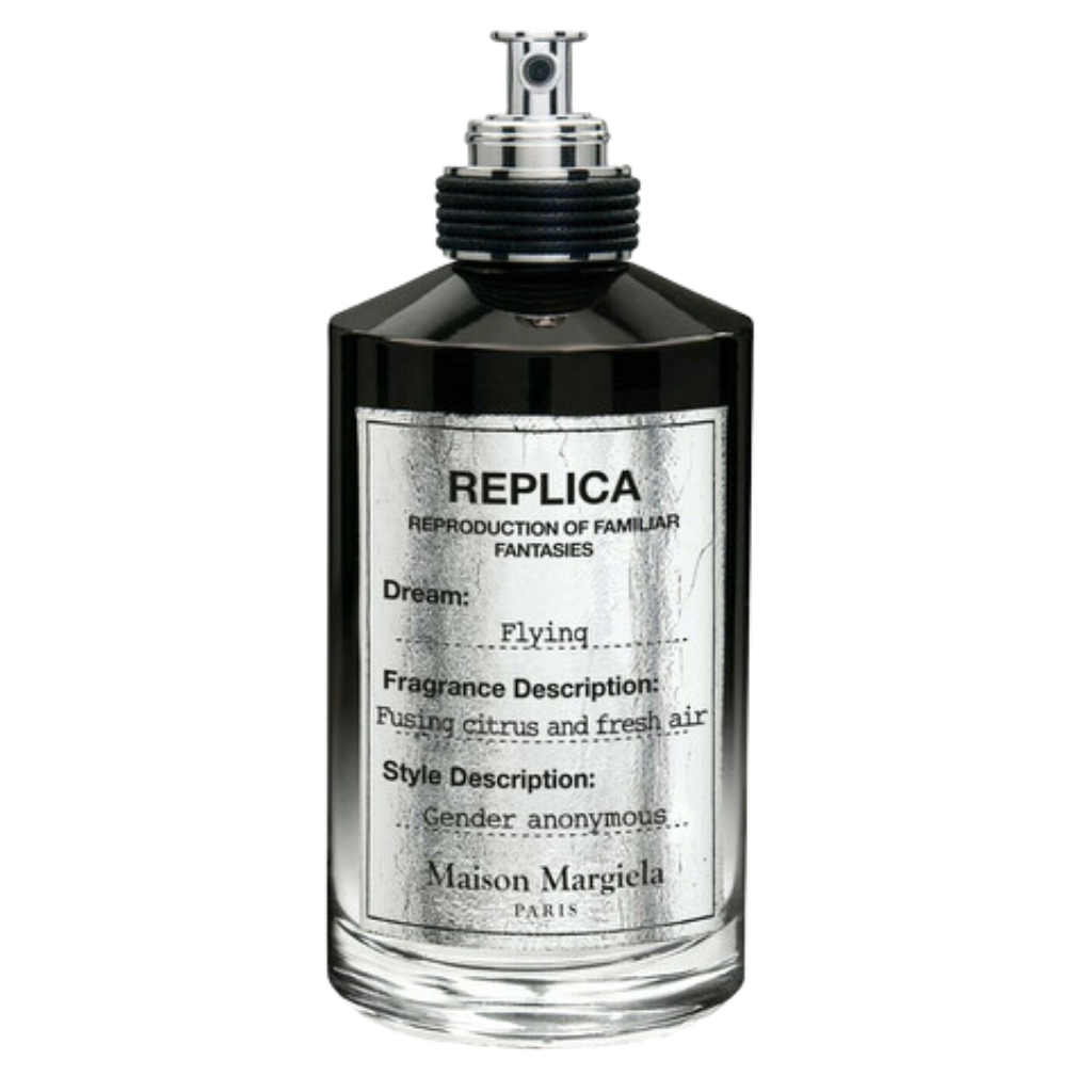 Replica Flying EDP perfume bottle with silver label describing citrus and fresh air fragrance notes