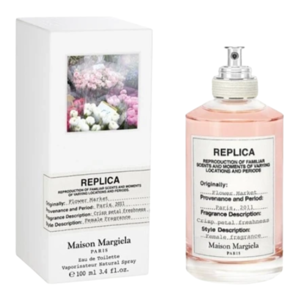 Replica Flower Market EDT bottle and box with floral label and pink liquid, elegant fragrance presentation by Arvella Fragrance
