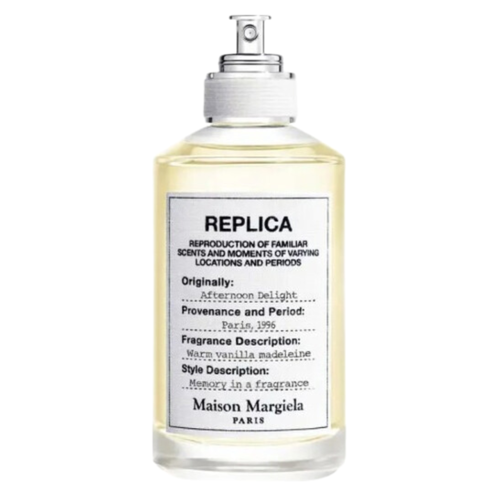Replica Afternoon Delight EDT perfume bottle with clear liquid and white label featuring black text
