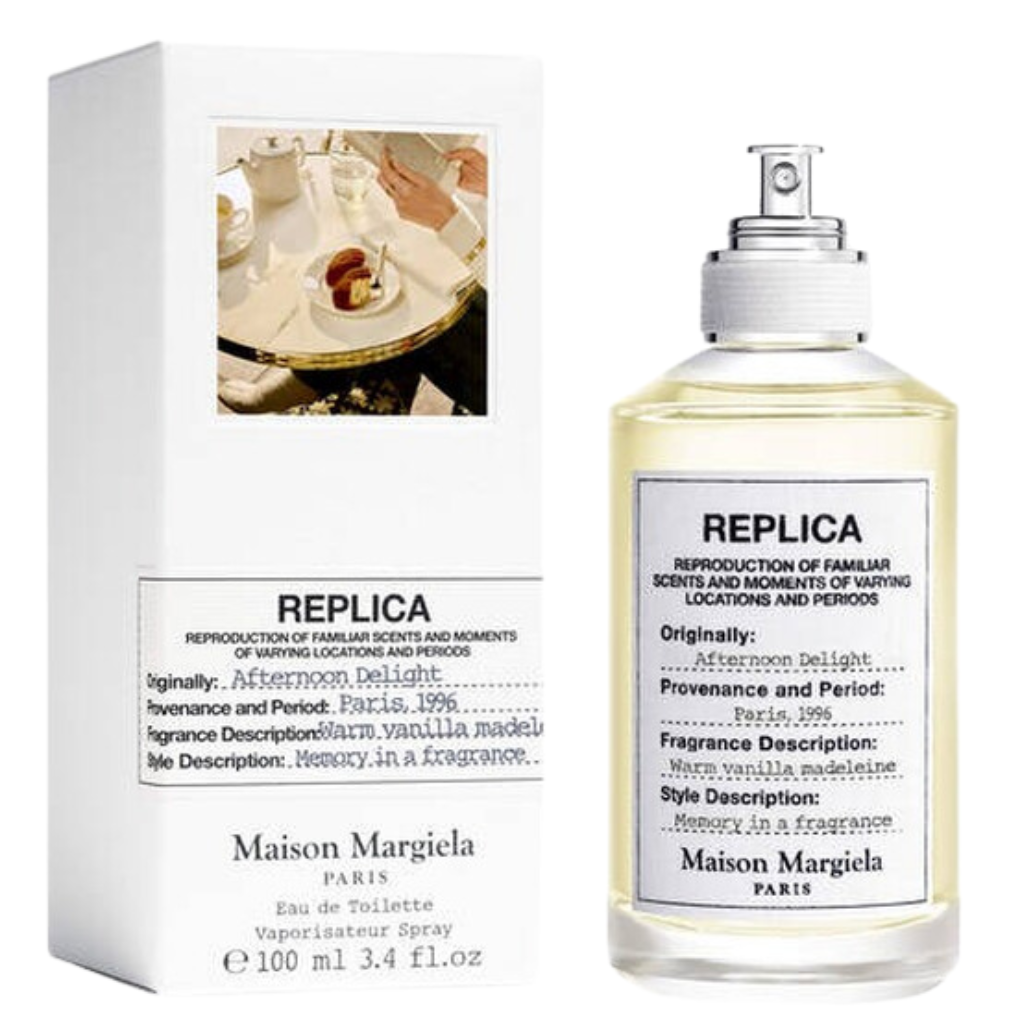 Replica Afternoon Delight EDT perfume bottle and box with warm vanilla madeleine fragrance description
