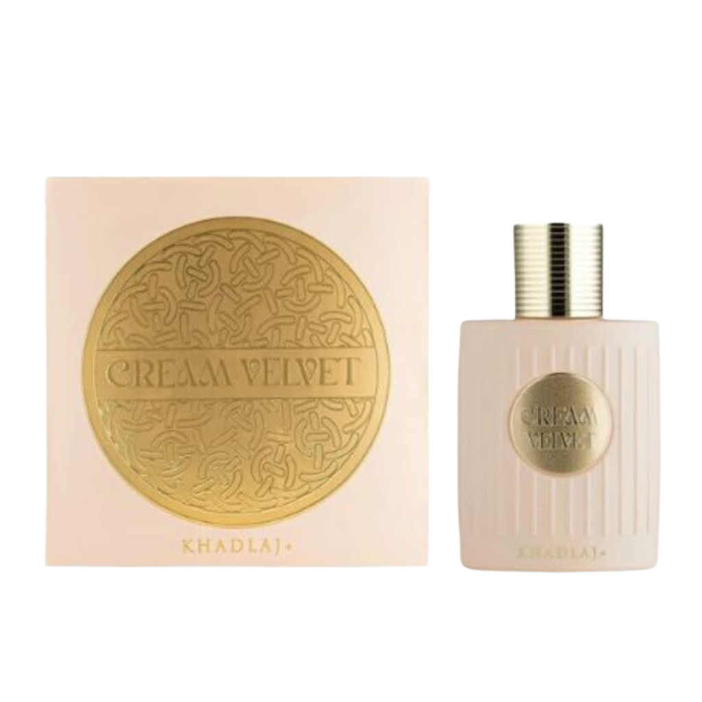 Cream Velvet Extrait de Parfum bottle and box with gold embossed design on a soft beige background.