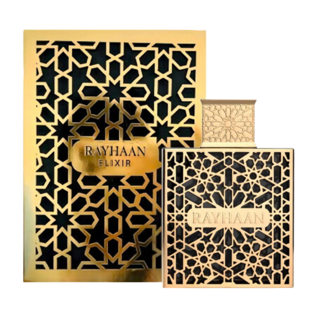 Gold and black intricate patterned bottle and matching box of Elixir EDP fragrance with elegant geometric design.