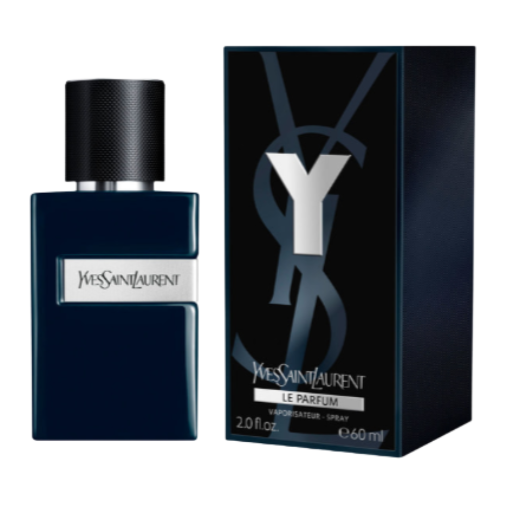 Dark blue designer perfume bottle and box with silver accents for Y Le Parfum fragrance by Yves Saint Laurent