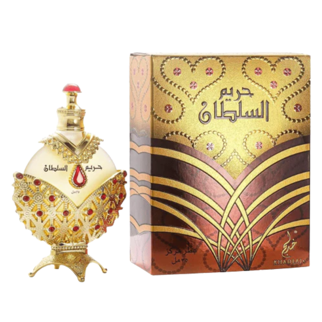 Hareem Al Sultan Gold Concentrated Perfume Oil in ornate gold bottle with decorative red accents and matching gold patterned box