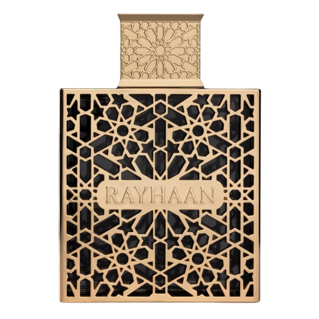 Gold and black ornate perfume bottle with geometric pattern labeled Elixir EDP reflecting luxury niche fragrance design