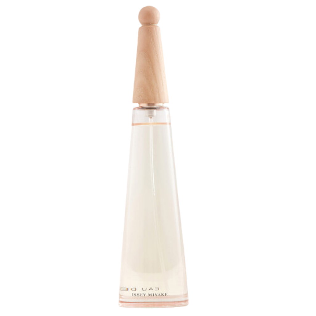 L'Eau D'Issey Pivoine EDT perfume bottle with a slender design and wooden cap, showcasing elegant fragrance decants.