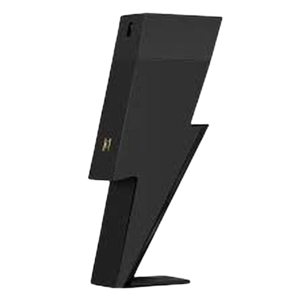 Sleek black lightning bolt-shaped bottle of Bad Boy Le Parfum EDP with minimalistic gold accents on white background