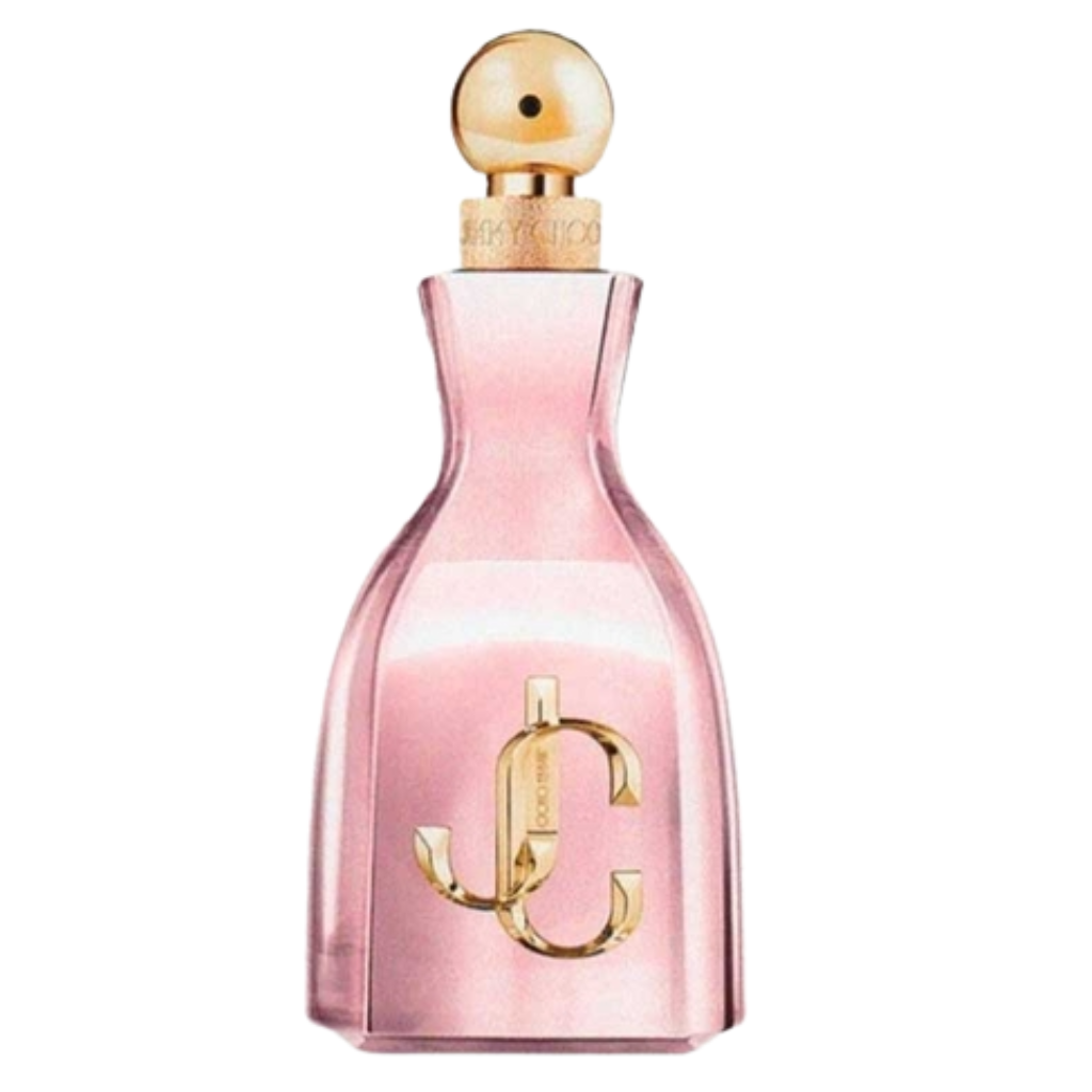 Elegant pink glass perfume bottle with gold accents and rounded cap, labeled I Want Choo With Love EDP fragrance.