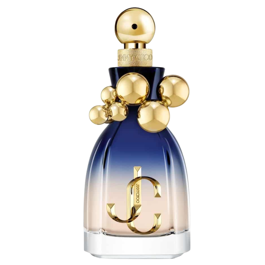Elegant blue and gold perfume bottle with spherical accents for I Want Choo Limited Edition EDP fragrance display