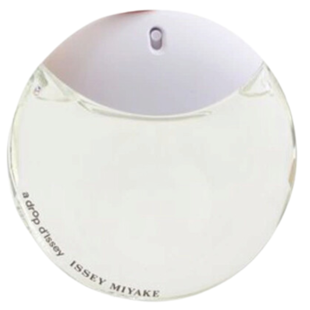 A minimalist round bottle of A Drop D'Issey EDP with clear liquid and white spray top displayed.