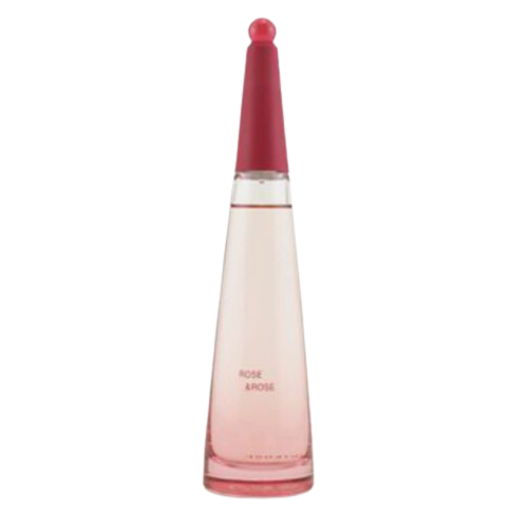 Elegant tall glass bottle of L'Eau d'Issey Rose & Rose EDP with pink gradient and deep red cap