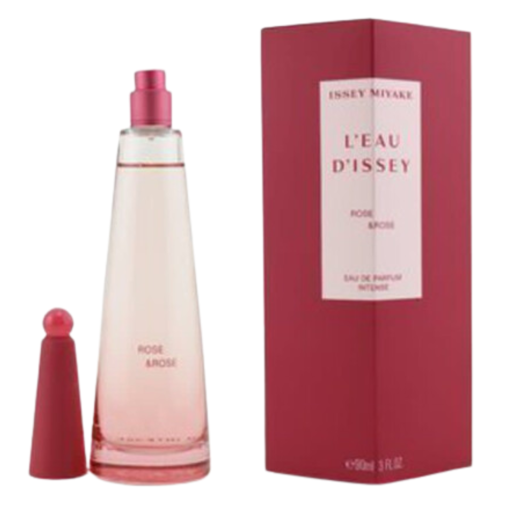 L'Eau d'Issey Rose & Rose EDP bottle with pink cap and matching box, elegant fragrance packaging design