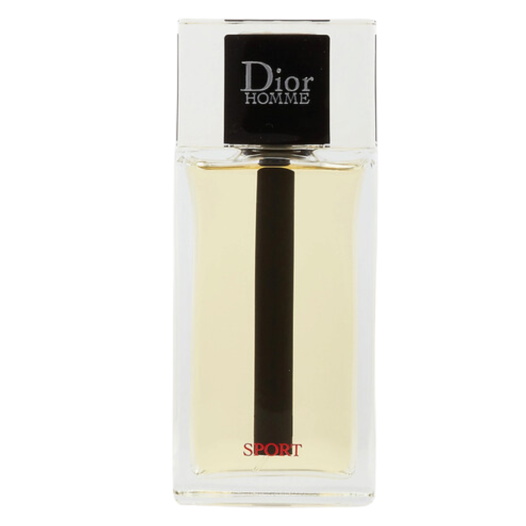 Dior Homme Sport EDT fragrance bottle with clear glass and black cap, showcasing light amber liquid inside.