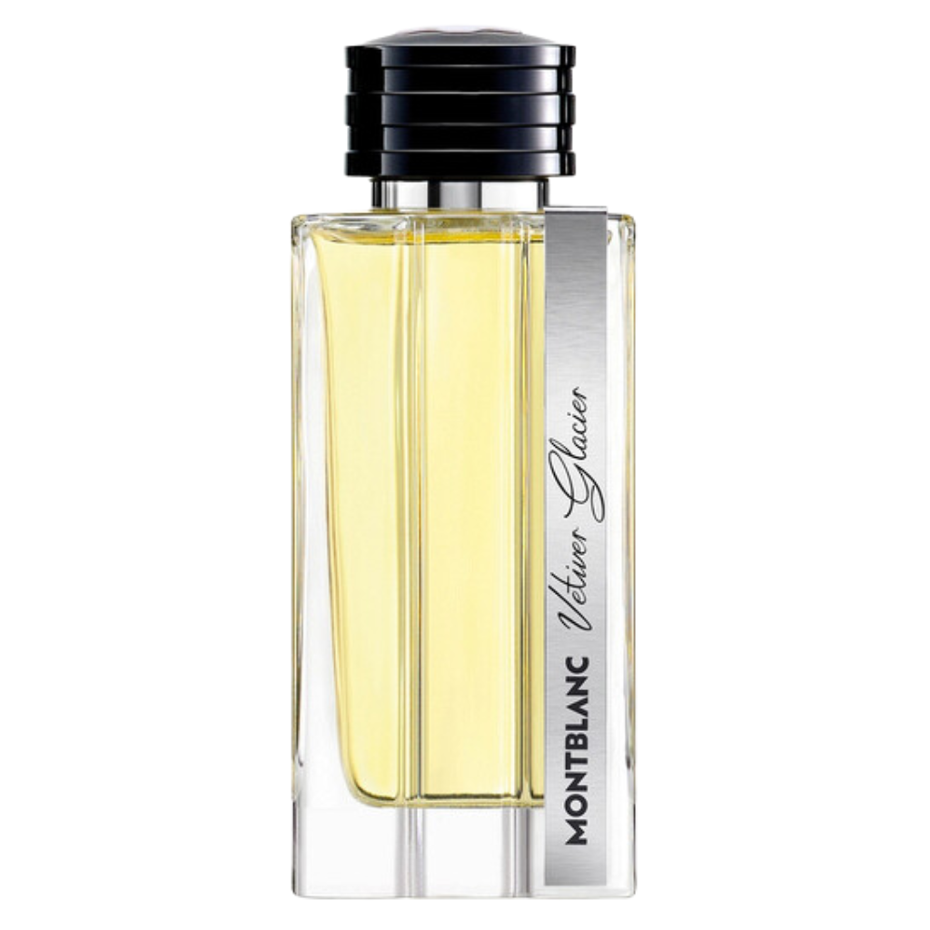 Montblanc Vetiver Glacier EDP perfume bottle with clear glass and silver vertical label design