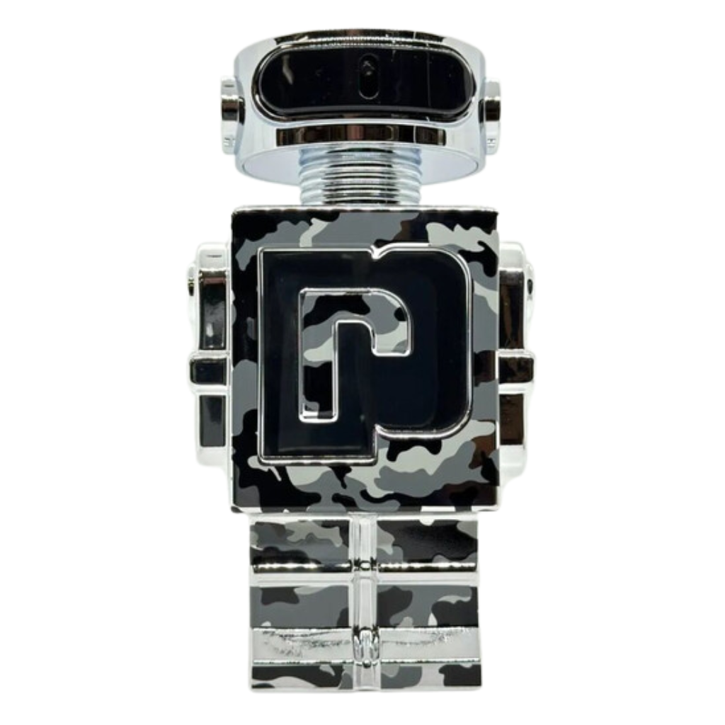 Phantom Legion EDT black and gray camouflage robot-shaped fragrance bottle with silver accents on white background