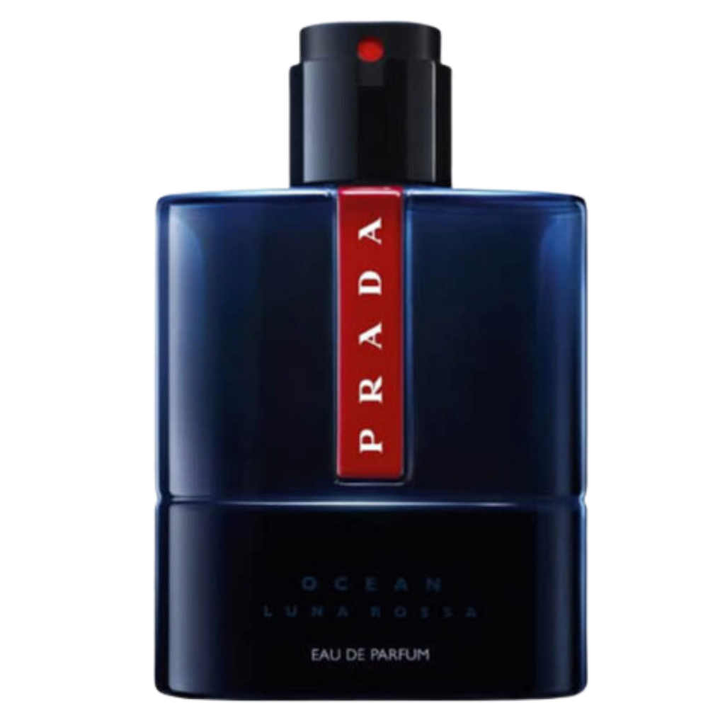 Luna Rossa Ocean EDP bottle with deep blue and black design featuring a vertical red Prada logo strip