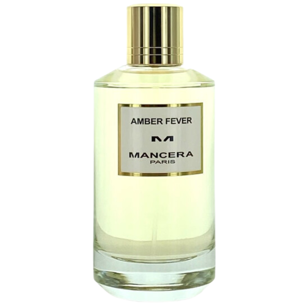Clear glass bottle with gold cap and label displaying Amber Fever EDP fragrance by Mancera Paris