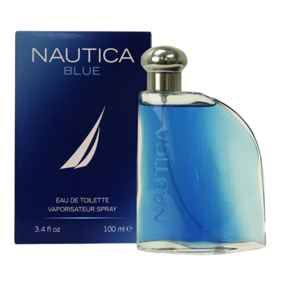 Blue EDT bottle with blue liquid and silver cap next to a navy blue box labeled Nautica Blue fragrance decants