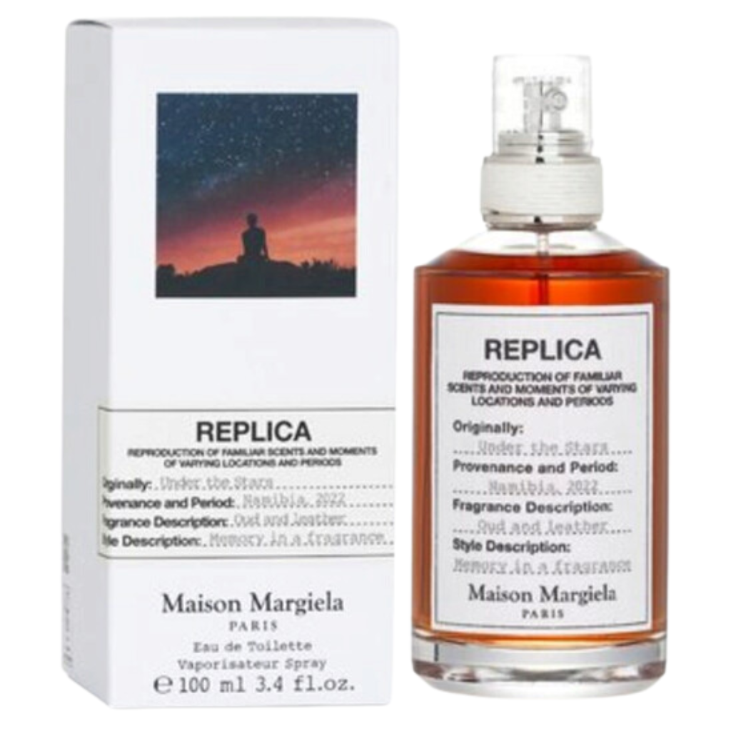 Replica Under The Stars EDT bottle and box with night sky image and amber liquid inside perfume bottle