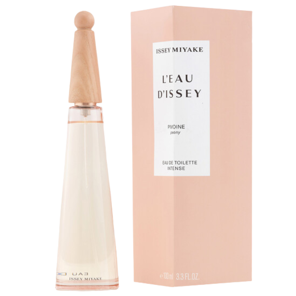 L'Eau D'Issey Pivoine EDT perfume bottle with wooden cap beside a soft pink rectangular box packaging