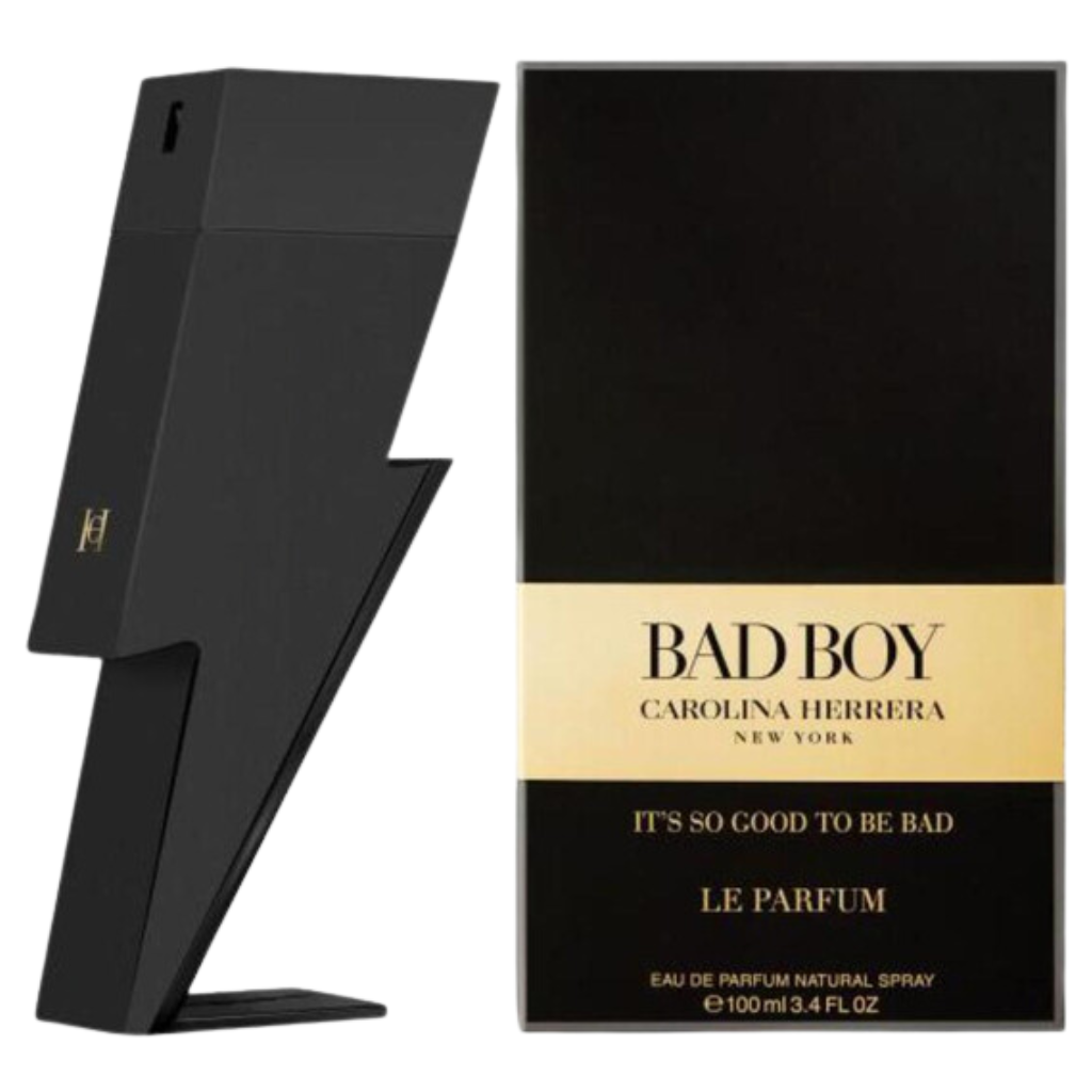Stylish black lightning bolt bottle with matching sleek box for Bad Boy Le Parfum EDP fragrance by Carolina Herrera.