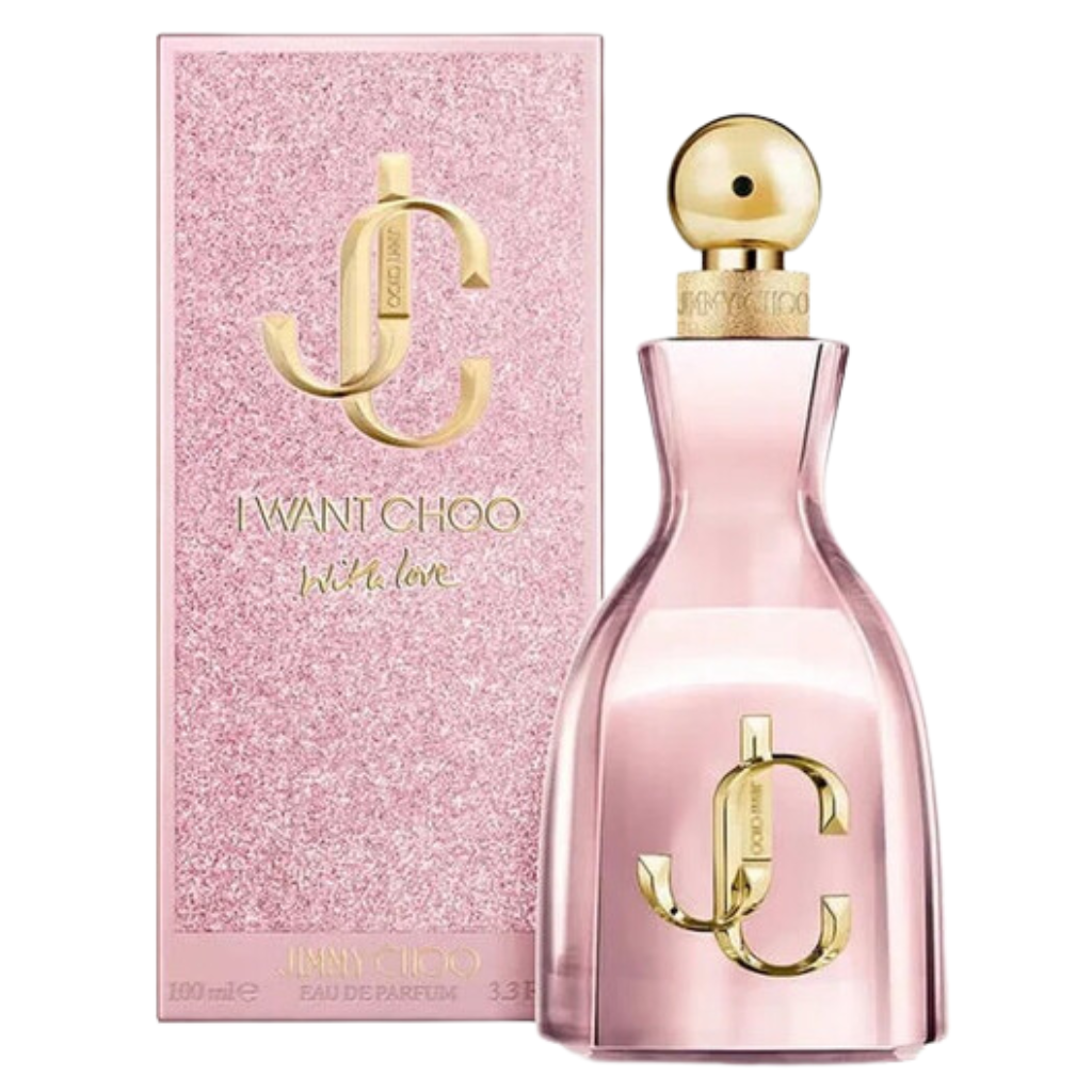 I Want Choo With Love EDP perfume bottle with gold cap and pink glittery packaging for designer fragrances