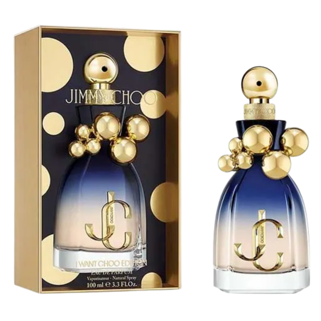 I Want Choo Limited Edition EDP perfume bottle with gold bubble accents and matching decorative box packaging