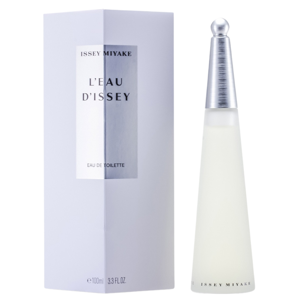 L'Eau D'Issey EDT For Women perfume bottle and elegant box packaging with sleek silver cap and frosted glass design
