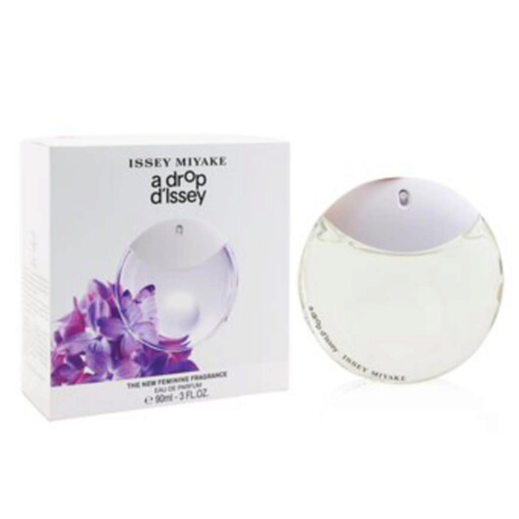 A Drop D'Issey EDP perfume bottle and box with purple floral design for a fresh feminine fragrance.